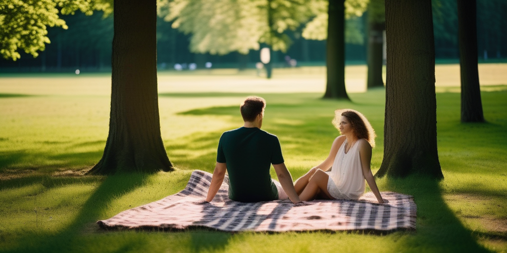Ein Paar entspannt auf einer Picknickdecke im Stadtpark Hamburg.