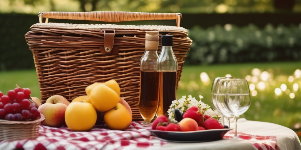 Ein Picknickkorb mit Blumen und frischem Obst auf einem Tisch im Ohlsdorfer Friedhof.