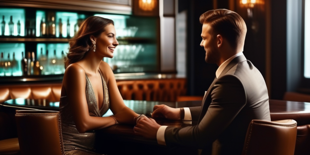 Gemütliche Cocktailbar mit gedämpftem Licht und einem Paar, das sich unterhält.