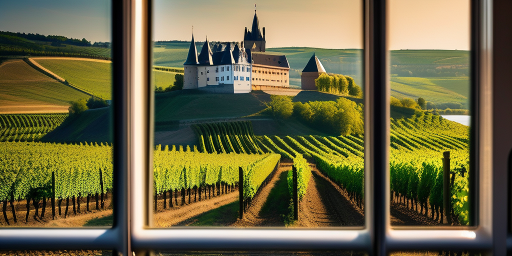 Panoramablick auf das Moseltal mit Weinbergen und einer Burg im Hintergrund, aufgenommen aus einem Zugfenster, Fokus auf den Fluss und die Landschaft.