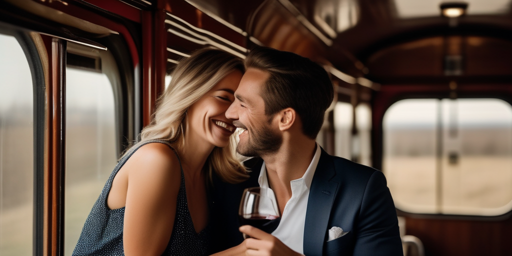 Ein Paar teilt eine Flasche Wein und lacht in einem Zugabteil, gemütliche Atmosphäre, weiche Beleuchtung, Fokus auf ihre Verbindung.