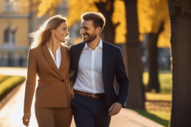 Eine Geschäftsfrau und ein Mann lächeln beim Spaziergang durch einen Park, Konzept für Work-Life-Balance.