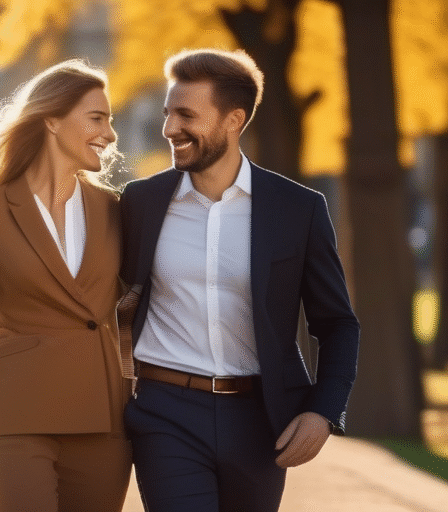 Eine Geschäftsfrau und ein Mann lächeln beim Spaziergang durch einen Park, Konzept für Work-Life-Balance.