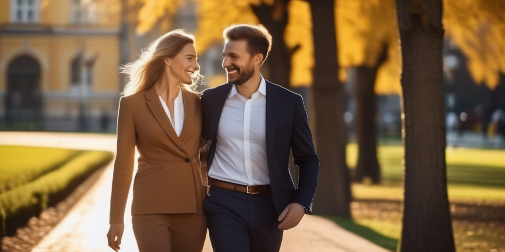 Eine Geschäftsfrau und ein Mann lächeln beim Spaziergang durch einen Park, Konzept für Work-Life-Balance.