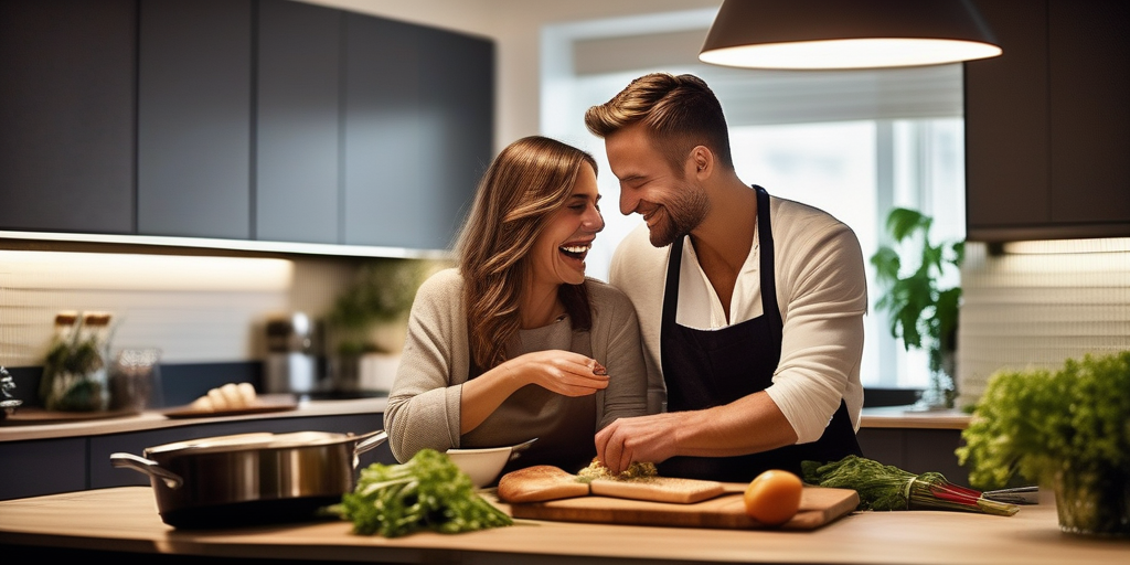 Ein Paar kocht gemeinsam Abendessen in einer modernen Küche, lachend und genießend die Gesellschaft des anderen.