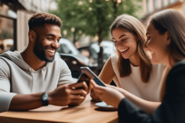 Eine Gruppe verschiedener Personen, die auf ihren Handys auf Dating-Apps wischen, unscharfer Hintergrund eines modernen Stadtcafés.
