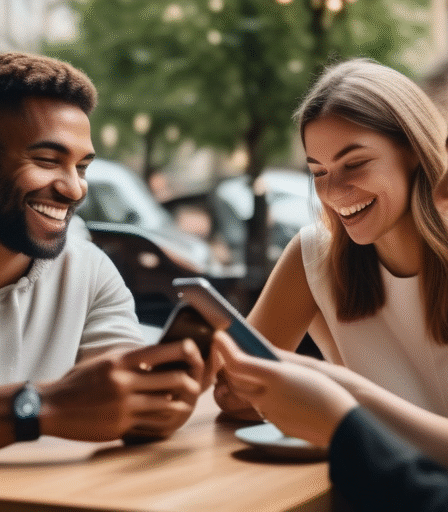Eine Gruppe verschiedener Personen, die auf ihren Handys auf Dating-Apps wischen, unscharfer Hintergrund eines modernen Stadtcafés.