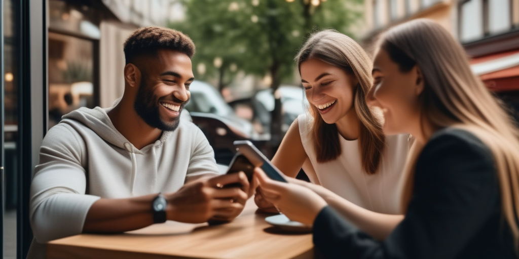 Eine Gruppe verschiedener Personen, die auf ihren Handys auf Dating-Apps wischen, unscharfer Hintergrund eines modernen Stadtcafés.
