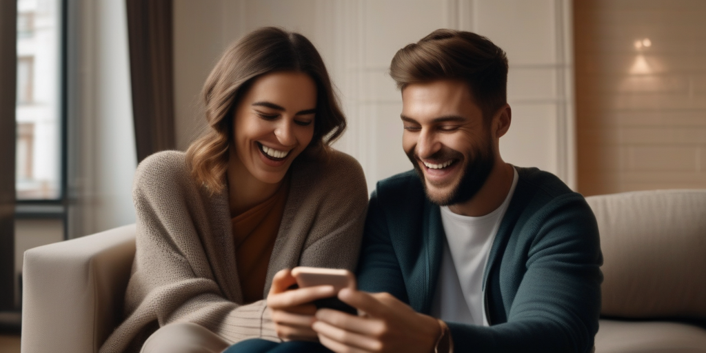 Zwei Personen lachen und verbinden sich während eines Videoanrufs auf ihren Handys, warme und gemütliche Beleuchtung, Fokus auf ihre echten Lächeln.
