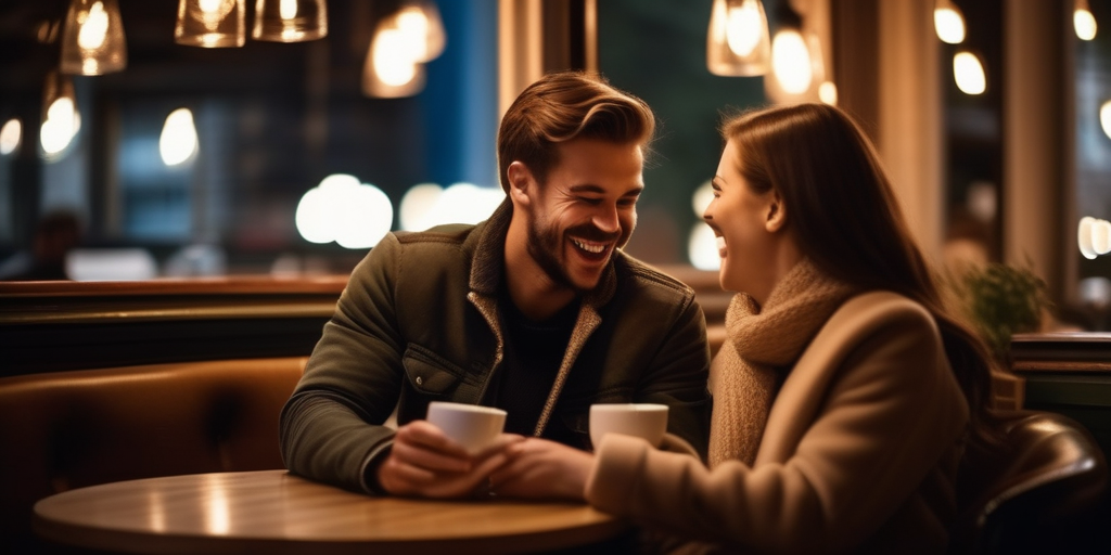 Ein Paar lacht und unterhält sich bei einem gemütlichen Date in einem Café.