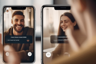 Eine Person lächelt warm, während sie auf ein Smartphone schaut, mit einer verschwommenen Dating-App-Oberfläche im Hintergrund. Betonung auf Verbindung und Hoffnung.