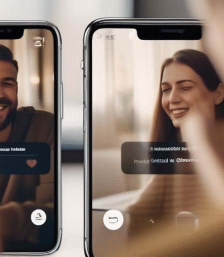 Eine Person lächelt warm, während sie auf ein Smartphone schaut, mit einer verschwommenen Dating-App-Oberfläche im Hintergrund. Betonung auf Verbindung und Hoffnung.