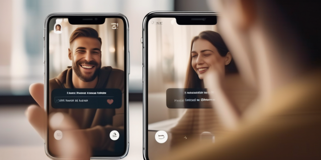 Eine Person lächelt warm, während sie auf ein Smartphone schaut, mit einer verschwommenen Dating-App-Oberfläche im Hintergrund. Betonung auf Verbindung und Hoffnung.
