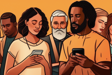 Verschiedene Personen betrachten Dating-App-Profile auf ihren Smartphones, mit einem Ausdruck der Vorsicht und Besonnenheit.