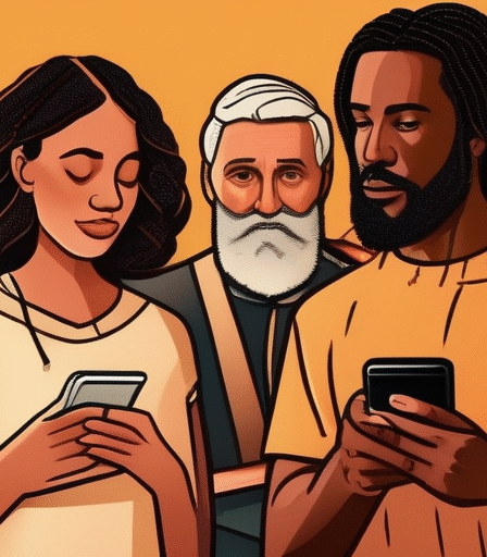 Verschiedene Personen betrachten Dating-App-Profile auf ihren Smartphones, mit einem Ausdruck der Vorsicht und Besonnenheit.
