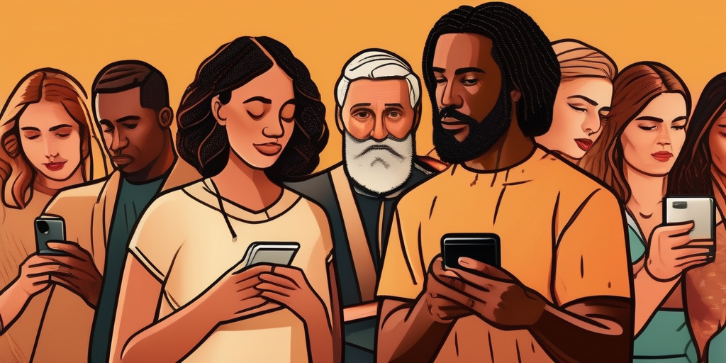 Verschiedene Personen betrachten Dating-App-Profile auf ihren Smartphones, mit einem Ausdruck der Vorsicht und Besonnenheit.