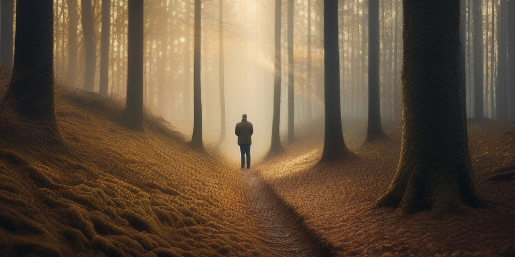 Person, die einer Brotkrumenspur in einem Wald folgt