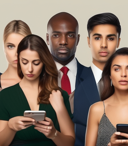 Menschen, die besorgt und neugierig auf ihre Smartphones schauen – die Unsicherheit des Online-Dating
