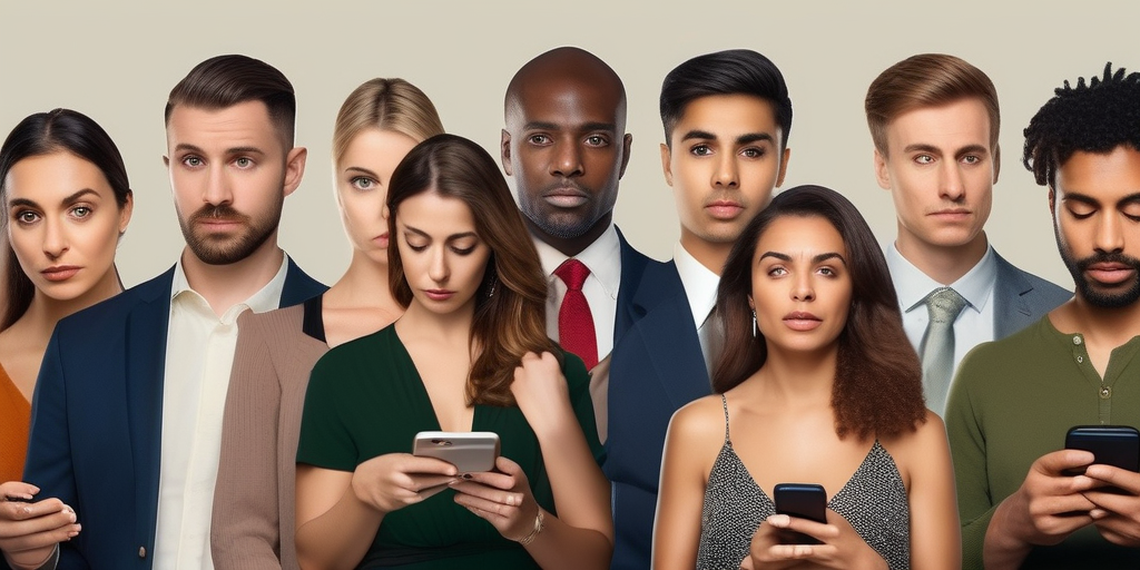 Menschen, die besorgt und neugierig auf ihre Smartphones schauen – die Unsicherheit des Online-Dating