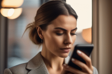 Frau betrachtet vorsichtig eine Dating-App auf ihrem Smartphone