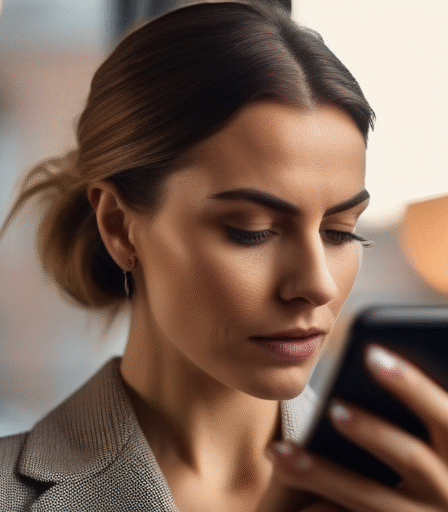 Frau betrachtet vorsichtig eine Dating-App auf ihrem Smartphone