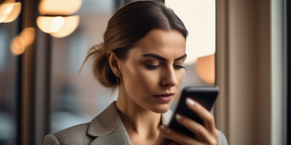 Frau betrachtet vorsichtig eine Dating-App auf ihrem Smartphone
