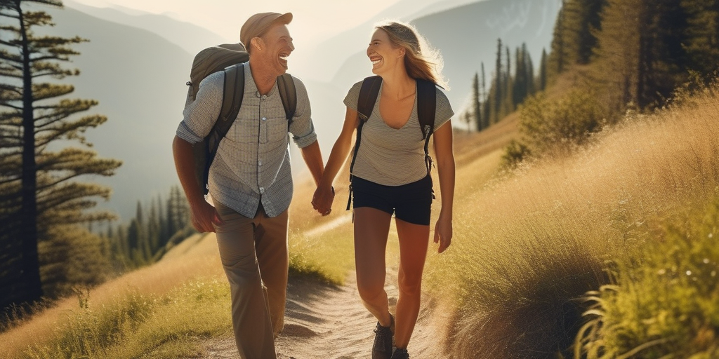 Ein Paar lacht zusammen beim Wandern in einer wunderschönen Landschaft.