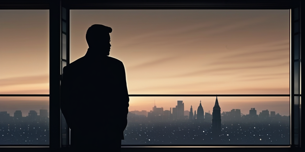 Eine Silhouette einer Person blickt nachts über die Skyline einer Stadt.