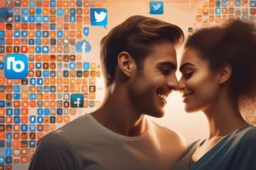 Ein junges Paar, umgeben von Social-Media-Symbolen.