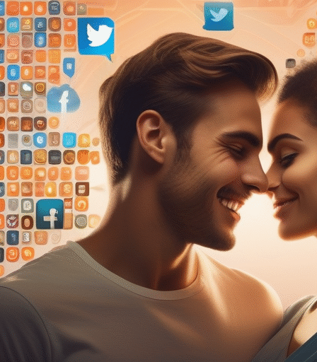 Ein junges Paar, umgeben von Social-Media-Symbolen.