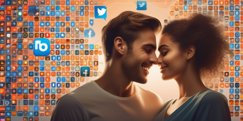 Ein junges Paar, umgeben von Social-Media-Symbolen.
