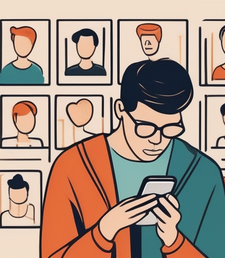 Digitale Illustration einer Person, die ihr Handy benutzt und von Social-Media-Symbolen umgeben ist, um die Komplexität des Online-Datings darzustellen.