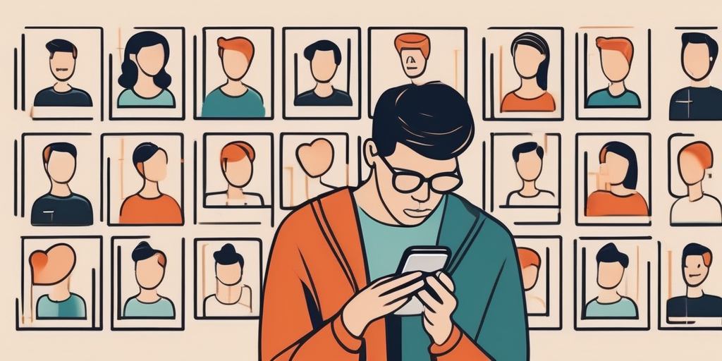 Digitale Illustration einer Person, die ihr Handy benutzt und von Social-Media-Symbolen umgeben ist, um die Komplexität des Online-Datings darzustellen.