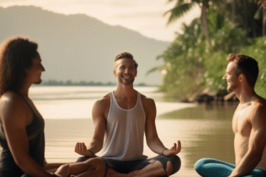 Junges Paar, ein Mann und eine Frau, bei einem Yoga-Retreat in Thailand, die sich mit einem Lächeln ansehen.