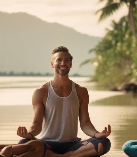 Junges Paar, ein Mann und eine Frau, bei einem Yoga-Retreat in Thailand, die sich mit einem Lächeln ansehen.