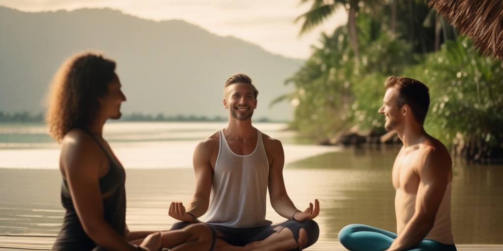 Junges Paar, ein Mann und eine Frau, bei einem Yoga-Retreat in Thailand, die sich mit einem Lächeln ansehen.