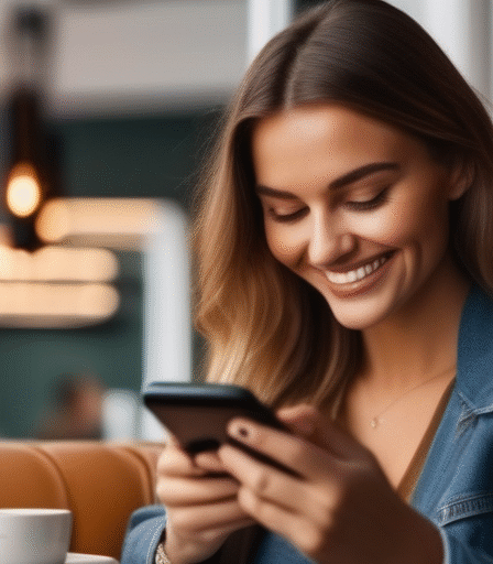 Eine Frau lächelt und schaut auf ihr Handy mit einer modernen Dating-App, gemütliches Café, weiches Licht.