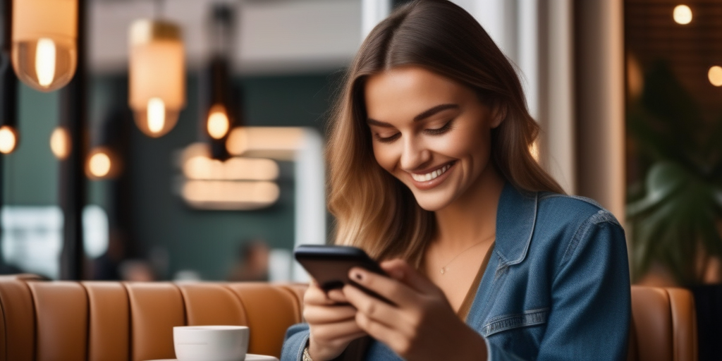 Eine Frau lächelt und schaut auf ihr Handy mit einer modernen Dating-App, gemütliches Café, weiches Licht.