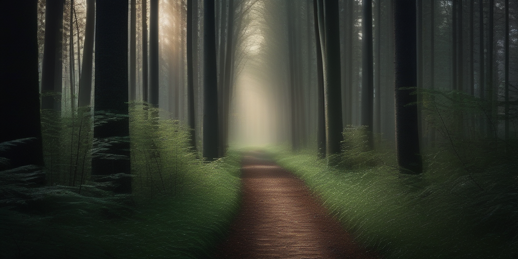 Ein beleuchteter Weg durch einen dunklen Wald, der die Reise aus dem 'Mittelfeld' im Dating symbolisiert.