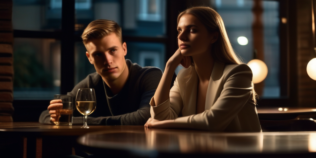 Ein junges Paar sitzt unbeholfen an einem Tisch in einem schwach beleuchteten Restaurant.