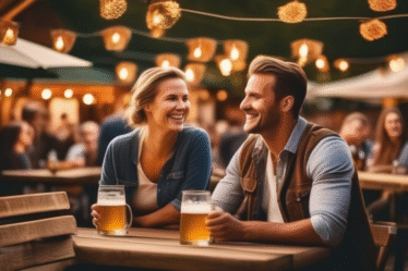 Gemütlicher Biergarten in Deutschland mit Menschen, die Bier trinken und lachen.
