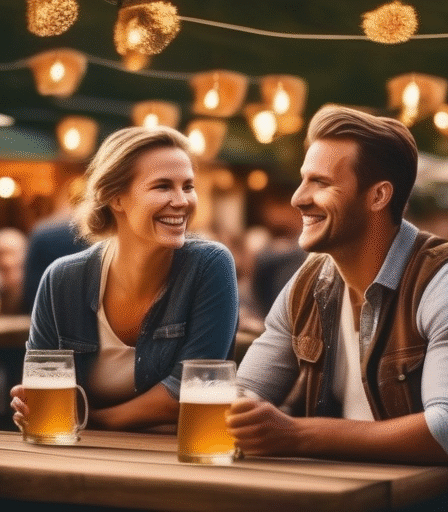 Gemütlicher Biergarten in Deutschland mit Menschen, die Bier trinken und lachen.