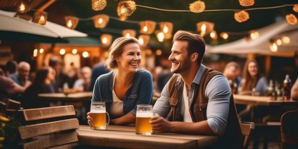 Gemütlicher Biergarten in Deutschland mit Menschen, die Bier trinken und lachen.
