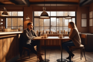 Gemütliches Café in Deutschland: Ein Date genießt einen Kaffee.