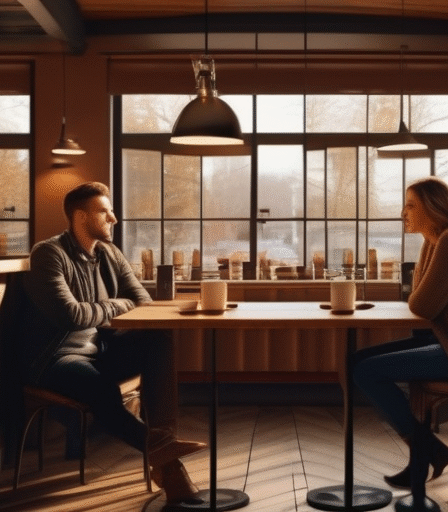 Gemütliches Café in Deutschland: Ein Date genießt einen Kaffee.