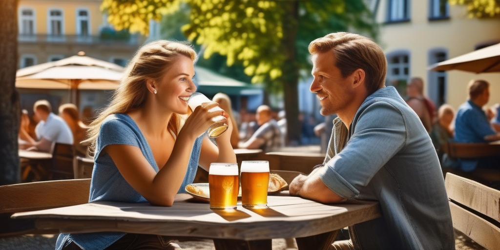 Ein Biergarten in Deutschland: Ein Date genießt ein Bier im Freien.