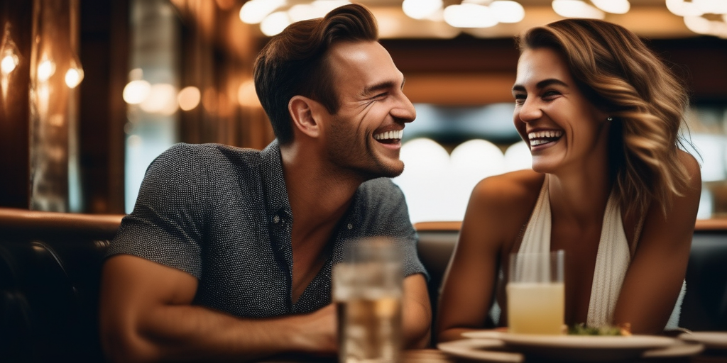 Ein Paar lacht gemeinsam in einem Restaurant, romantisches Licht, glückliche Gesichter, verschwommener Hintergrund