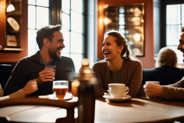 Eine Gruppe unterschiedlicher Menschen lacht und unterhält sich in einem gemütlichen österreichischen Café.