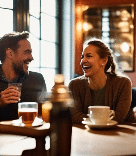Eine Gruppe unterschiedlicher Menschen lacht und unterhält sich in einem gemütlichen österreichischen Café.
