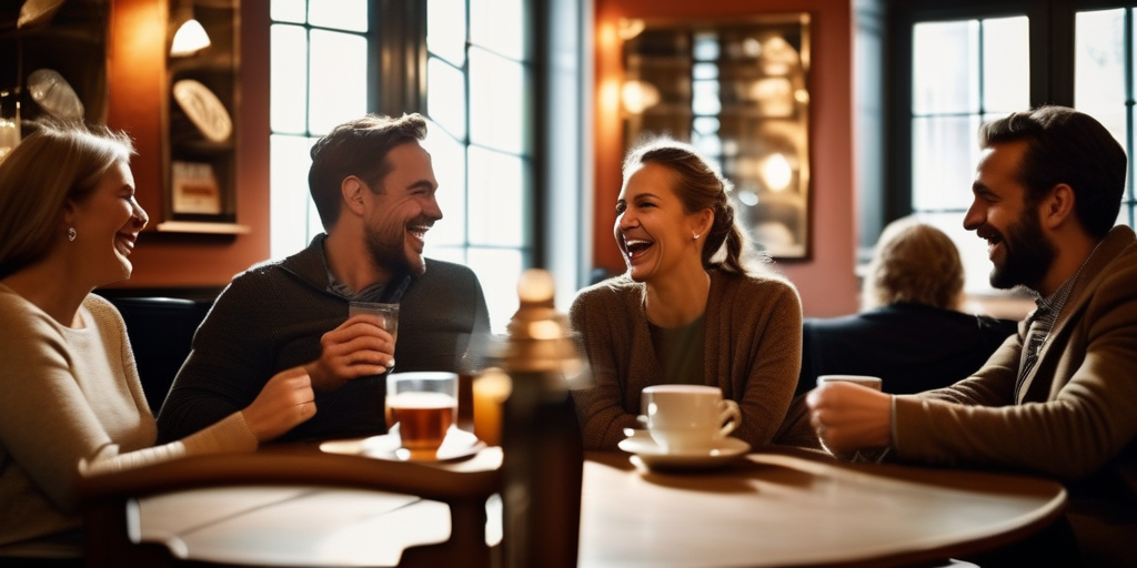 Eine Gruppe unterschiedlicher Menschen lacht und unterhält sich in einem gemütlichen österreichischen Café.